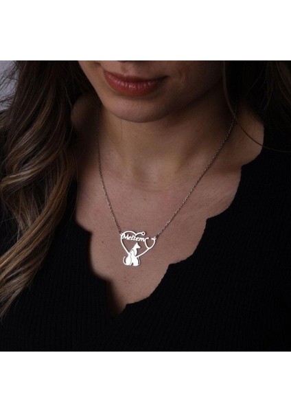 Kedili Kalp Kolye Gümüş Kişiye Özel