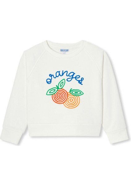 Beyaz Pike Örgü Işlemeli Kız Çocuk Sweatshirt