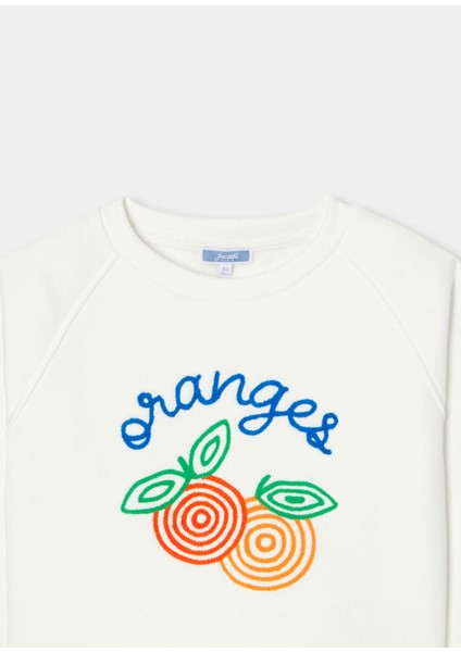 Beyaz Pike Örgü Işlemeli Kız Çocuk Sweatshirt