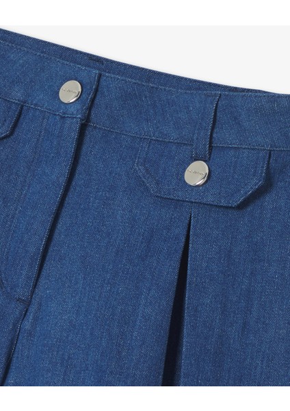 Mavi Pileli Denim Kız Çocuk Şort Etek