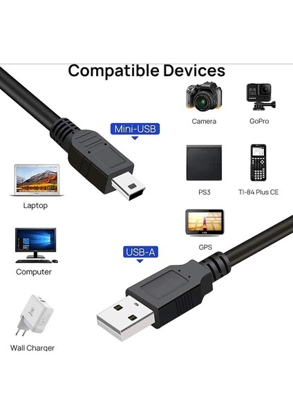 3 Metre Ps3 Kol Şarj Kablosu Dualshock 5 Pin Mini USB Usb5-Pin 2.0 Erkek A Mini 5 Pin B Piramit Uç 3mt Kablo
