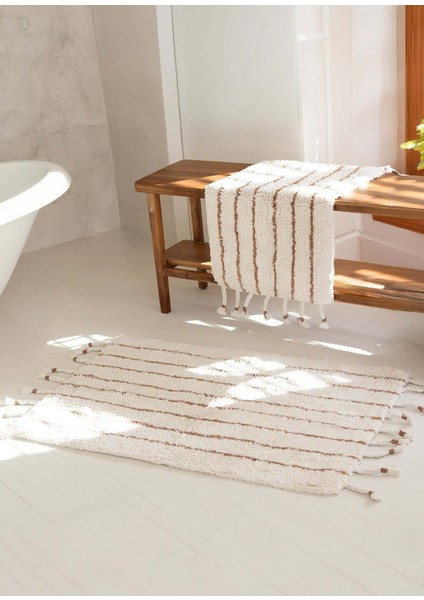In Lines Bej Çizgili Pamuklu 2’li Banyo Paspası Seti
