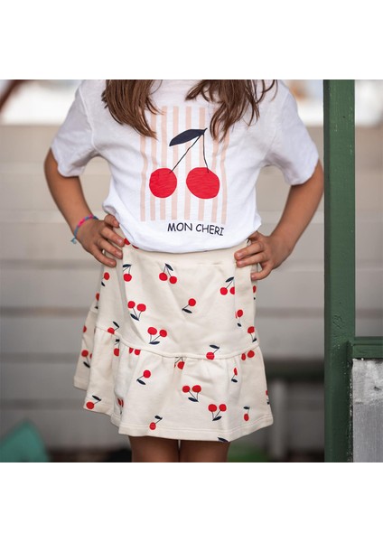 Beyaz Kiraz Baskılı Kısa Kollu Kız Çocuk Tshirt fiyatları