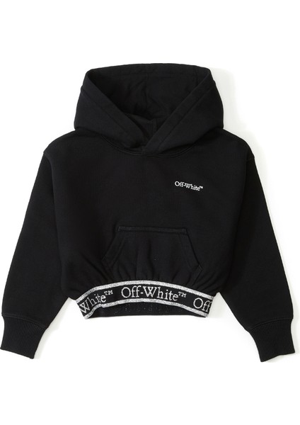 Siyah Kapüşonlu Kız Çocuk Crop Sweatshirt