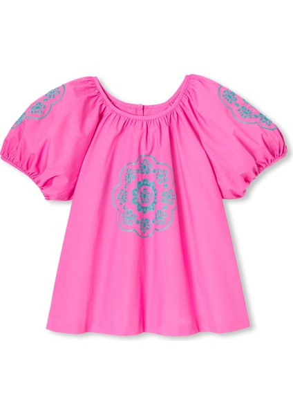 Pembe Balon Kollu Poplin Kız Çocuk Bluz