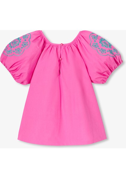Pembe Balon Kollu Poplin Kız Çocuk Bluz
