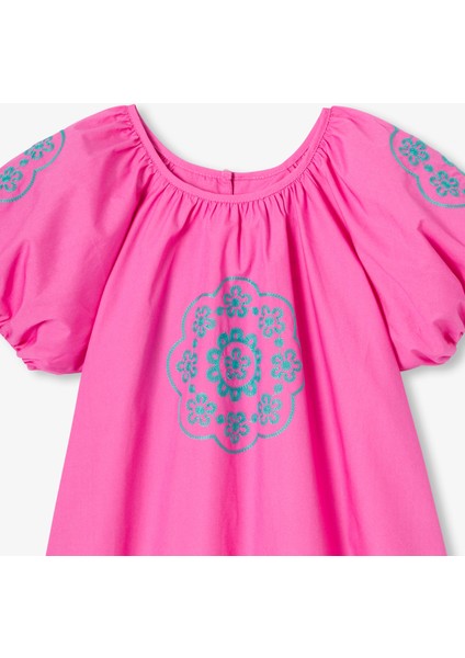 Pembe Balon Kollu Poplin Kız Çocuk Bluz
