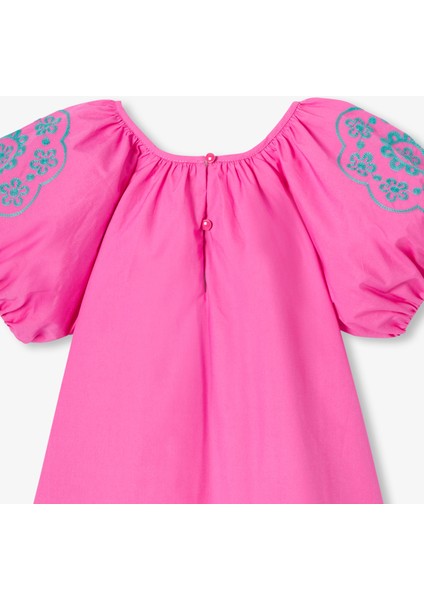 Pembe Balon Kollu Poplin Kız Çocuk Bluz