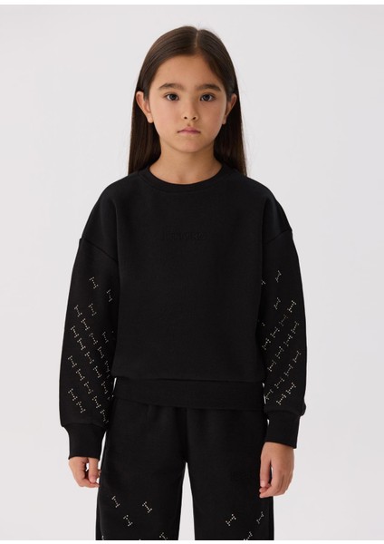 Siyah Bisiklet Yaka Uzun Kollu Kız Çocuk Sweatshirt