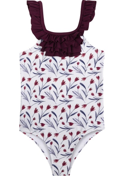 Lily Bordo Çiçek Desenli Fırfırlı Mayo
