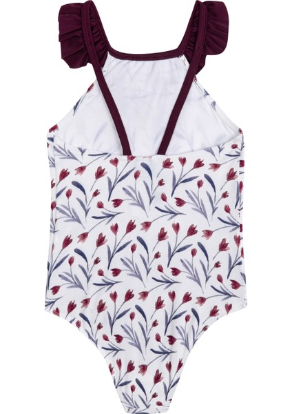 Lily Bordo Çiçek Desenli Fırfırlı Mayo