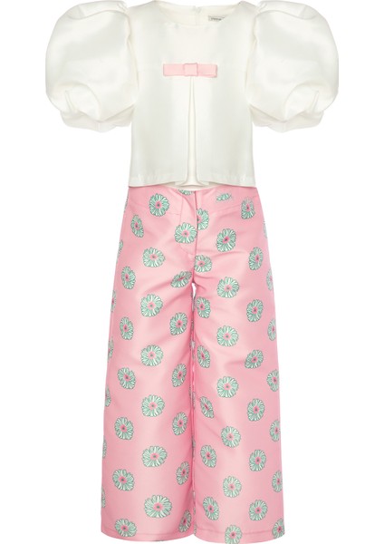 Pembe Çiçekli Pamuklu Pantolon Bluz Kız Çocuk 2'li Set