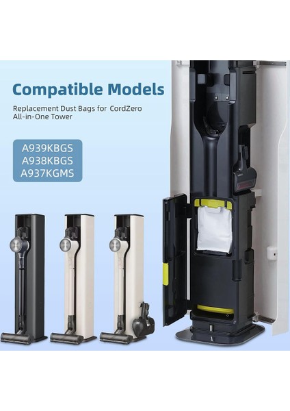 Cordzero Tower A939KBGS A938KBGS A937KGMS A949KTMS Elektrikli Süpürge Parçaları Için Yedek Toz Torbaları 8 Adet (Yurt Dışından) modelleri