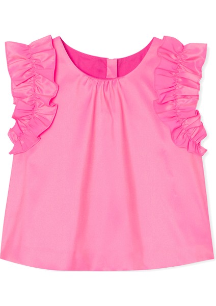 Neon Pembe Fırfırlı Kol Kız Çocuk Tafta Bluz
