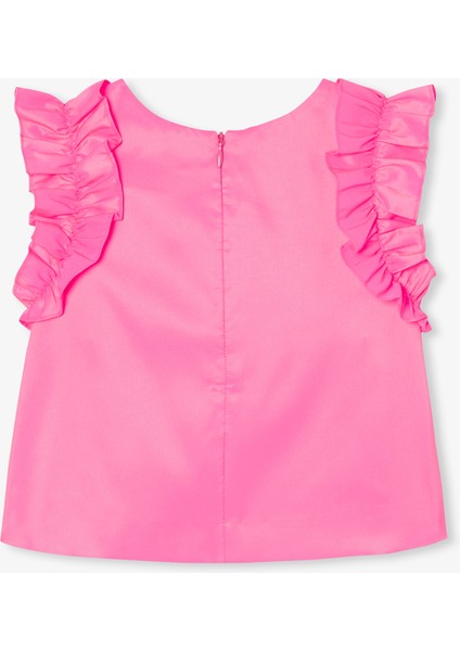 Neon Pembe Fırfırlı Kol Kız Çocuk Tafta Bluz