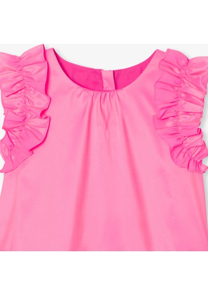 Neon Pembe Fırfırlı Kol Kız Çocuk Tafta Bluz