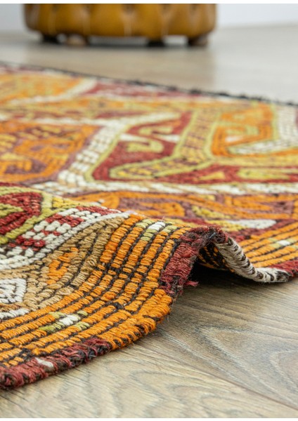Kortu Etnik El Dokuma Yünlü Turuncu Cicim Kilim 131X166 cm