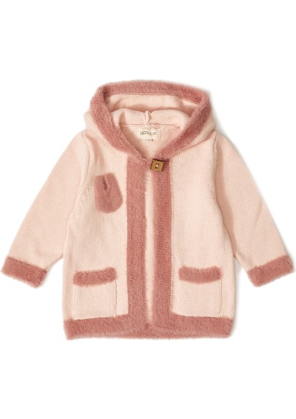 Pembe Peluş Organik Pamuk Kapüşonlu Bebek Hırka