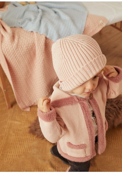 Pembe Peluş Organik Pamuk Kapüşonlu Bebek Hırka
