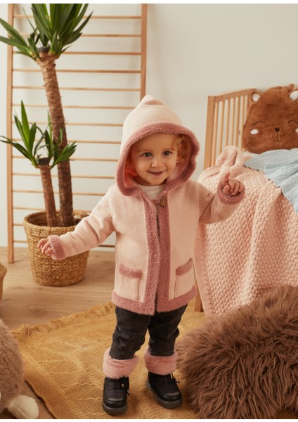 Pembe Peluş Organik Pamuk Kapüşonlu Bebek Hırka
