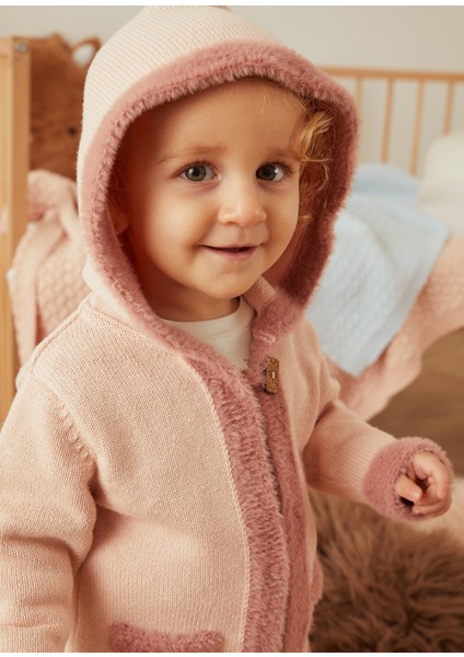 Pembe Peluş Organik Pamuk Kapüşonlu Bebek Hırka