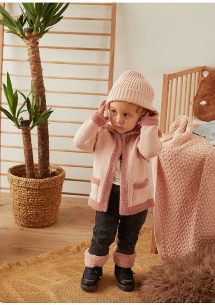 Pembe Peluş Organik Pamuk Kapüşonlu Bebek Hırka
