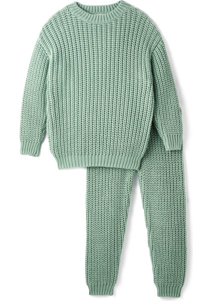 Yeşil Pamuklu Triko Kazak Pantolon Unisex Çocuk 2'li Takım