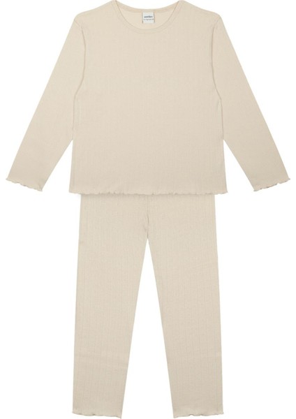 Krem Rengi Jakar Uzun Kollu Kız Çocuk Pijama Takımı