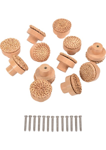 Boho Rattan Dresser Kolları Yuvarlak Ahşap Çekmece Kolları El Yapımı Hasır Dokuma ve Boho Mobilya Kolları Için Vidalar 12 Adet (Yurt Dışından)
