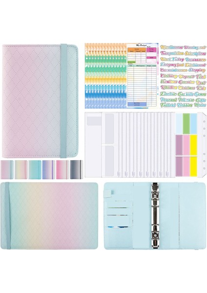A6 Gradient Makaron Ciltli El Defteri Deri Pu Gevşek Yapraklı Defter Nakit Bütçe Fermuarlı Çanta, Yeşil Pembe (Yurt Dışından)