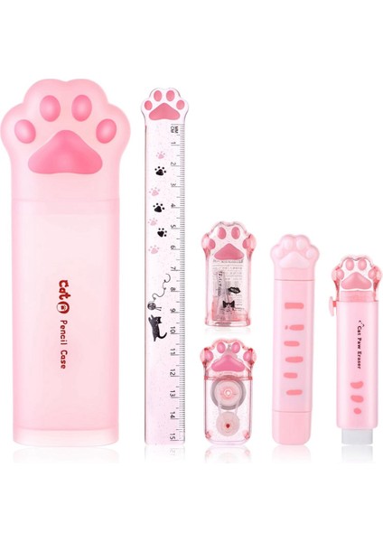 Sevimli Kedi Kırtasiye Seti, 6 Parça Kawaii Kırtasiye Seti Kalemtıraş Geri Çekilebilir Silgi Düzeltme Bandı Cetvel (Yurt Dışından)