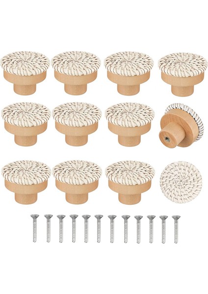 Boho Rattan Dresser Kolları Yuvarlak Ahşap Çekmece Kolları El Yapımı Hasır Dokuma ve Vidalar Boho Mobilya Kolları Bej 24 Adet (Yurt Dışından)