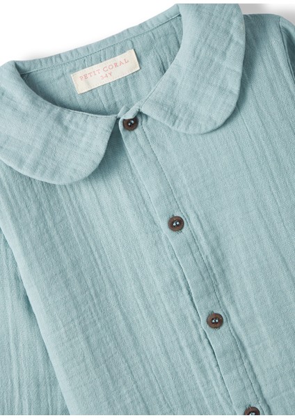 Turkuaz Müslin Bebe Yaka Unisex Çocuk Gömlek modelleri