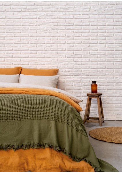 Haki %100 Pamuk Waffle Çift Kişilik Yatak Örtüsü 160 x 230 cm