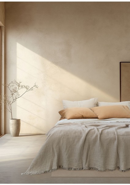 Cocoon Bej Pamuklu 4 Katlı Müslin Yatak Örtüsü Pike 200 x 220 cm