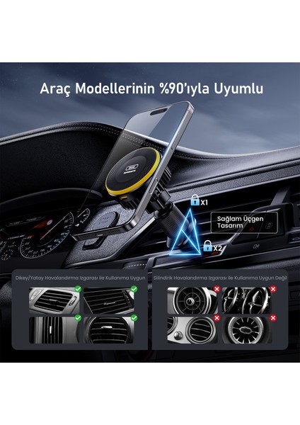 Superauto Magsafe Araç Içi Şarjı Siyah 15W Hızlı Şarj Aleti Kendinden Soğutmalı Mıknatıslı Telefon Tutucu