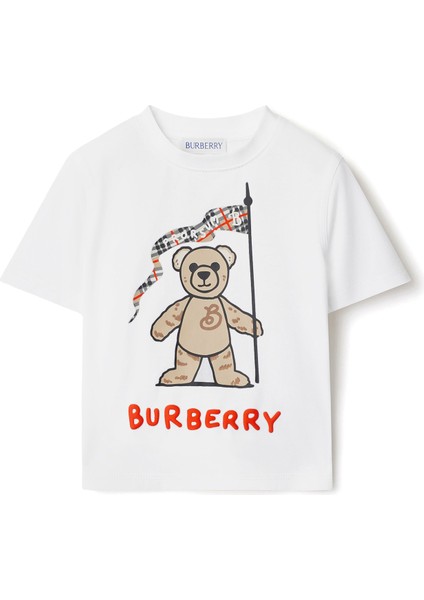 Cedar Thomas Bear Baskılı Beyaz Pamuklu Kısa Kollu Unisex Çocuk T-Shirt