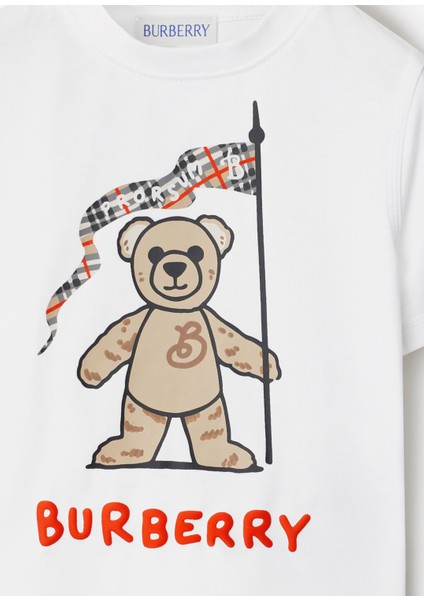 Cedar Thomas Bear Baskılı Beyaz Pamuklu Kısa Kollu Unisex Çocuk T-Shirt indirimleri