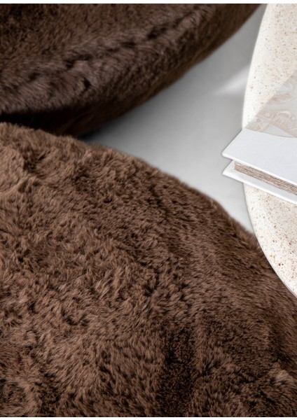 Kahverengi Peluş Döşemeli Yuvarlak Büyük Boy Puf