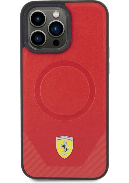 iPhone 15 Pro Max Magsafe Uyumlu Kırmızı Pu Karbon Kılıf