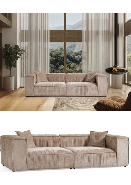 Volye Comfort Koyu Bej Kadife Büzgülü Ikili Kanepe modelleri