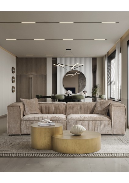 Volye Comfort Koyu Bej Kadife Büzgülü Ikili Kanepe