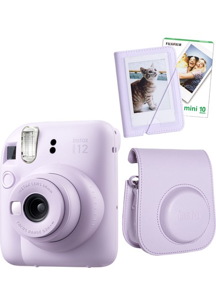 Instax Mini 12 Lila Fotoğraf Makinesi + 10'lu Film Mini Albüm ve Deri Kılıf