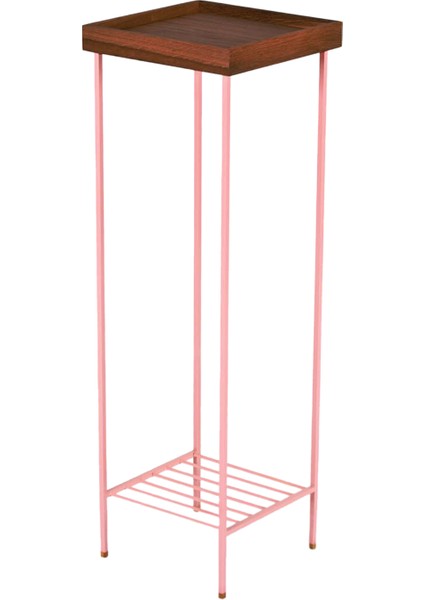 Edge Pembe Metal Ayaklı Masif Ahşap Uzun Yan Sehpa Saksılık