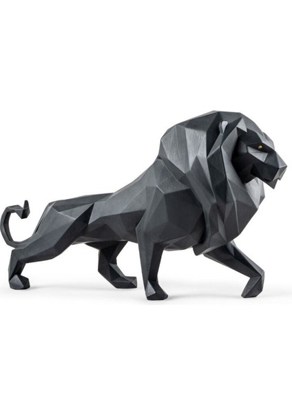 Lion Mat Siyah Porselen Heykel