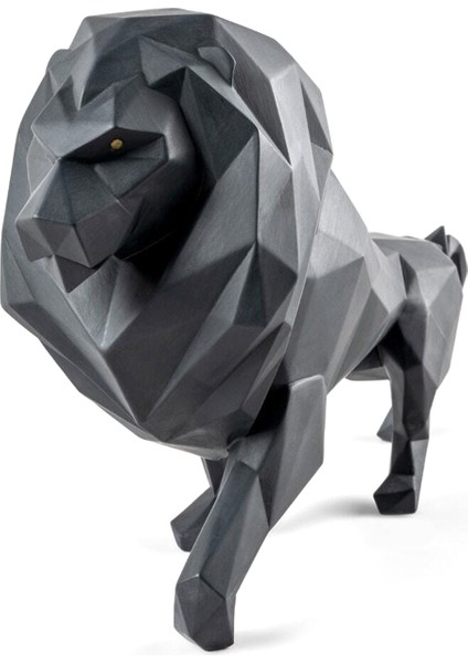 Lion Mat Siyah Porselen Heykel