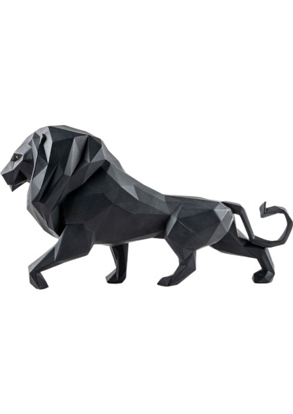 Lion Mat Siyah Porselen Heykel