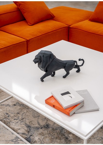 Lion Mat Siyah Porselen Heykel