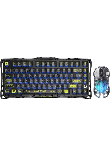 Mercury K1 Lite+M2 Şeffaf Siyah Kablosuz Rgb Işıklı Mekanik Gaming Klavye ve Optik Mouse Seti