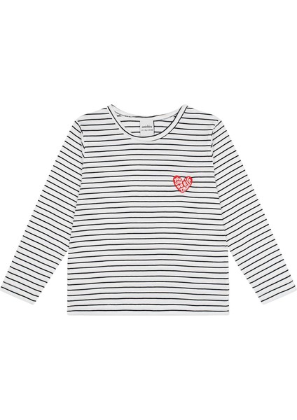 Beyaz Kalp Nakışlı Çizgili Uzun Kollu Kız Çocuk T-Shirt